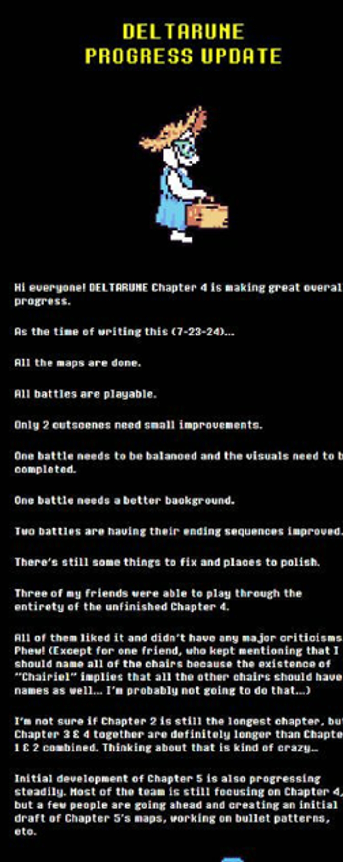 《传说之下》制作人Toby Fox 在最新一篇开发者更新中公布了其新作《三角符文(DELTARUNE)》的最新开发情况：目前游戏第四章的制作进展顺利，虽然尚未开发完成