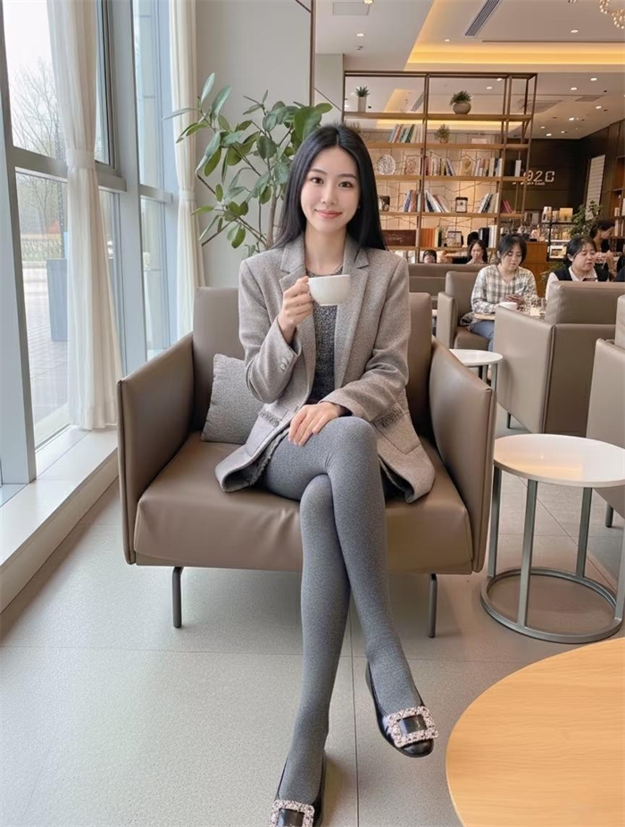 厚灰袜+黑色平底鞋美女Office Lady穿搭写真图片