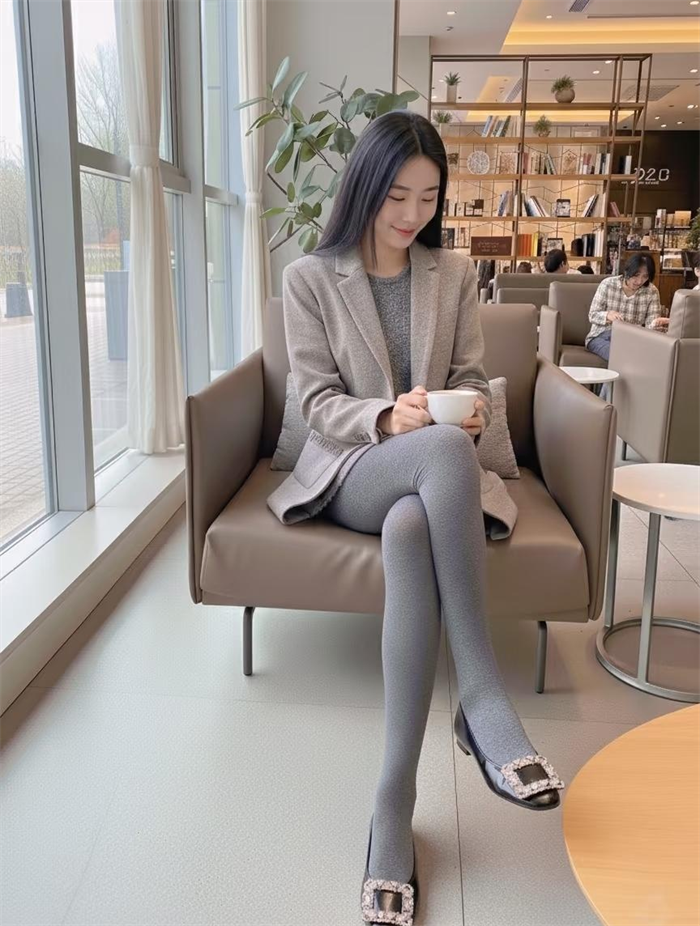 厚灰袜+黑色平底鞋美女Office Lady穿搭写真图片