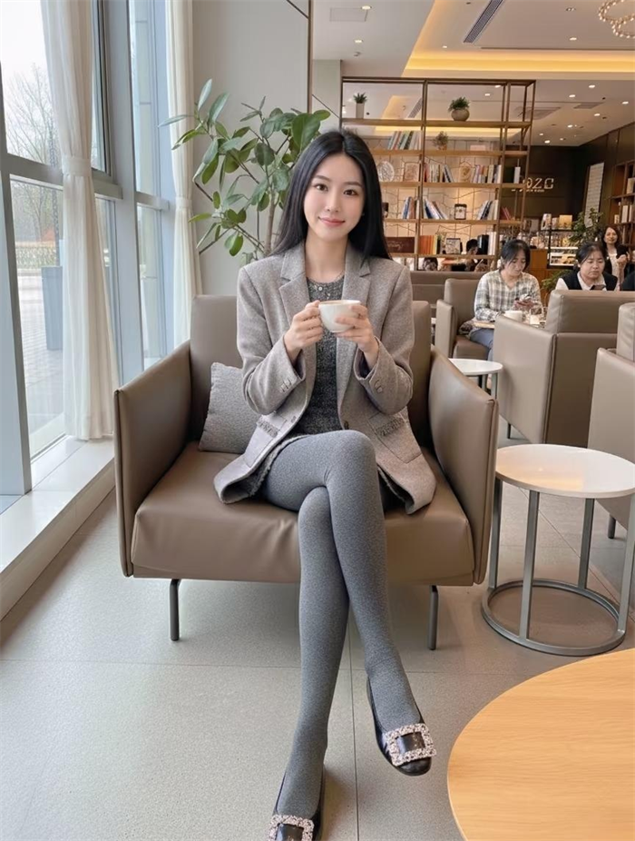 厚灰袜+黑色平底鞋美女Office Lady穿搭写真图片